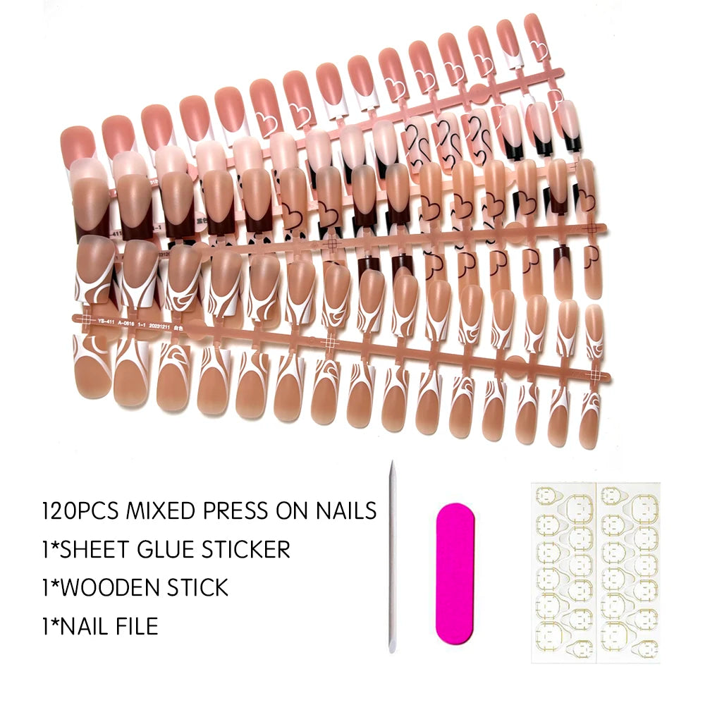 Medium Square French Press on Nail Brown Pink Base Colors Matte Fake Gel Nail Tips